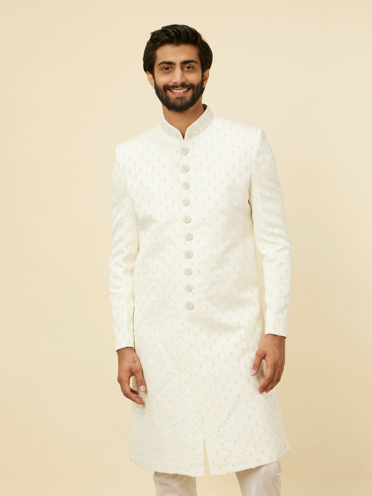 alt message - Manyavar Men Warm White Buta Patterned Sherwani Set image number 0